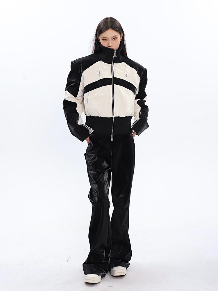 Tanya Contrast Color Zip Up Long Sleeve Turtleneck Patchwork Silver Reflective Jacket