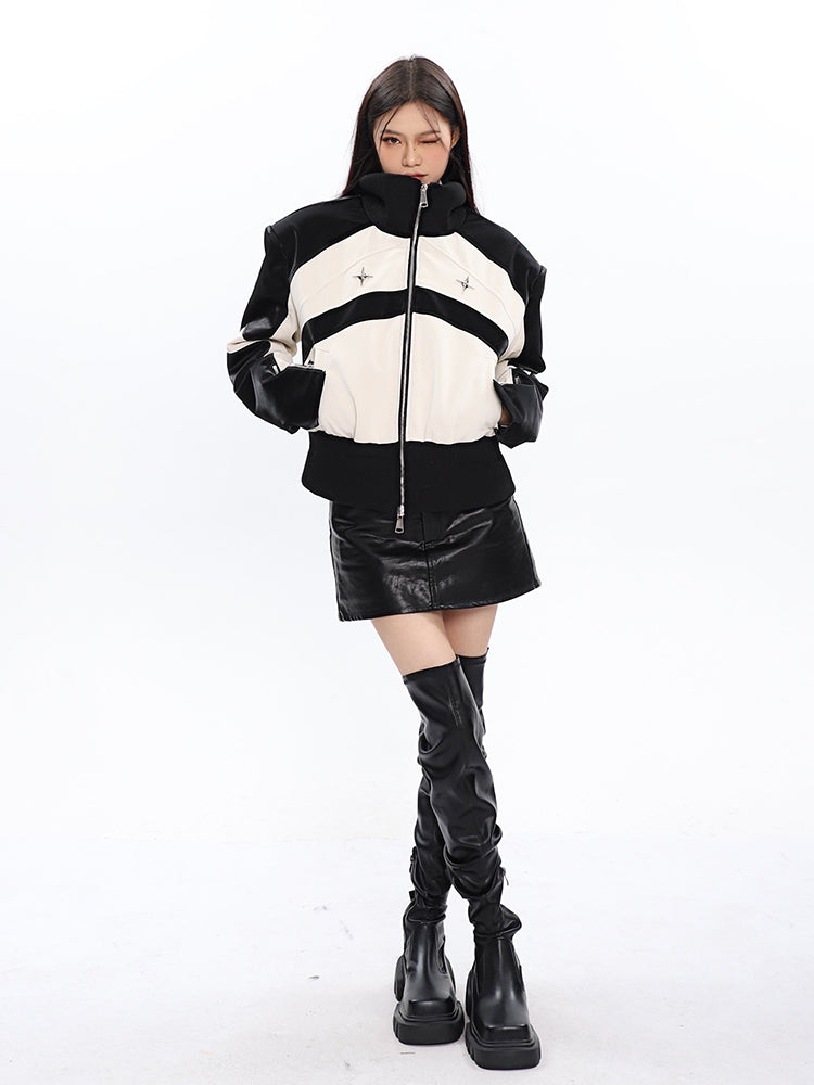 Tanya Contrast Color Zip Up Long Sleeve Turtleneck Patchwork Silver Reflective Jacket