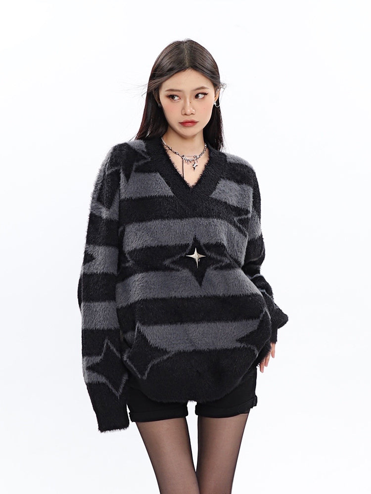 Twinkle Star Graphic Image Print Stripe V-Neck Long Sleeve Sweater