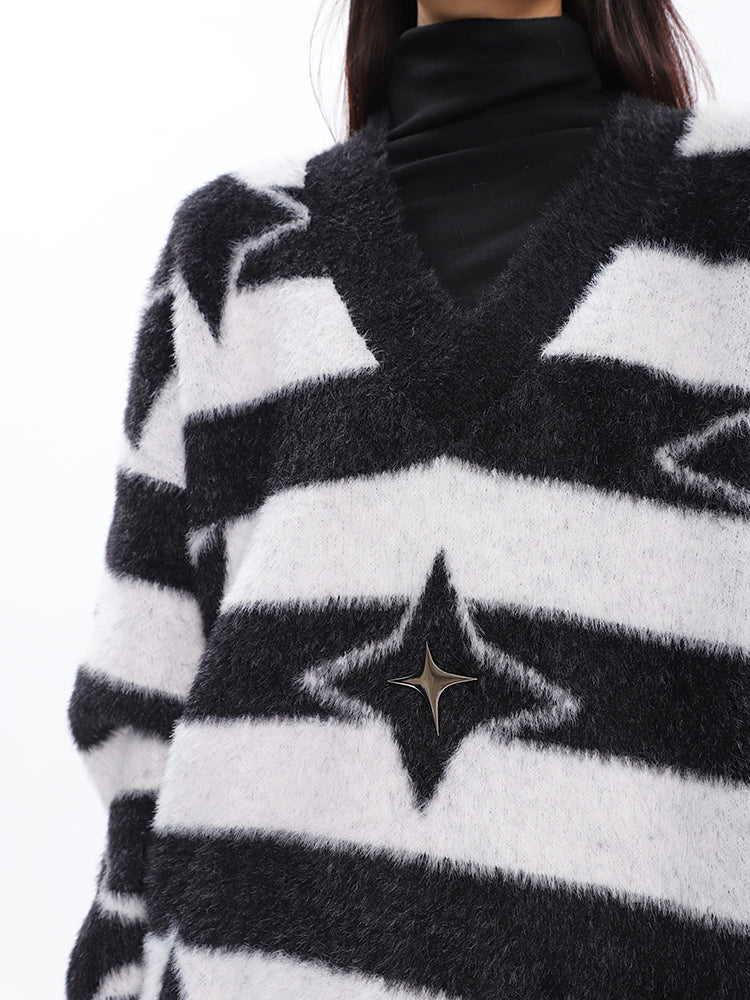 Twinkle Star Graphic Image Print Stripe V-Neck Long Sleeve Sweater