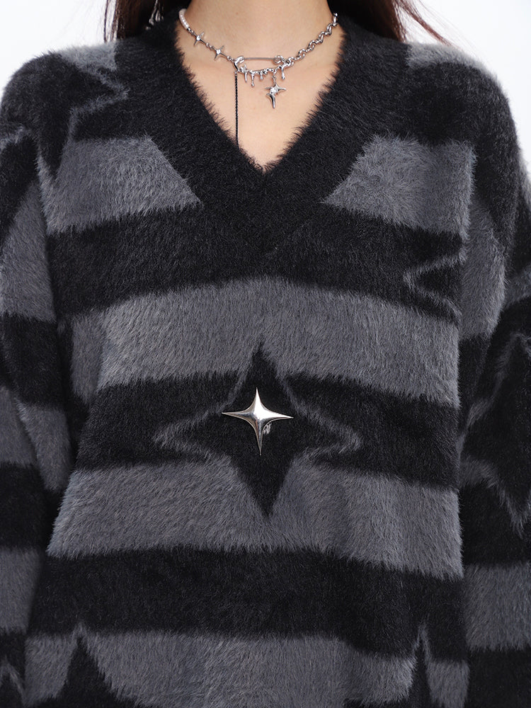 Twinkle Star Graphic Image Print Stripe V-Neck Long Sleeve Sweater