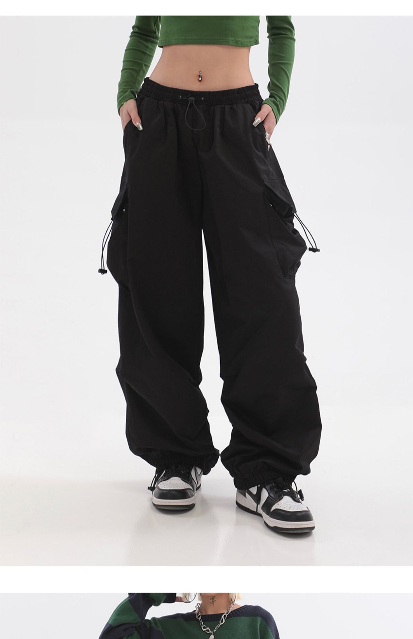 Neveah Solid Color Black Straight Leg High Waist Multi-Pocket Parachute Cargo Pants