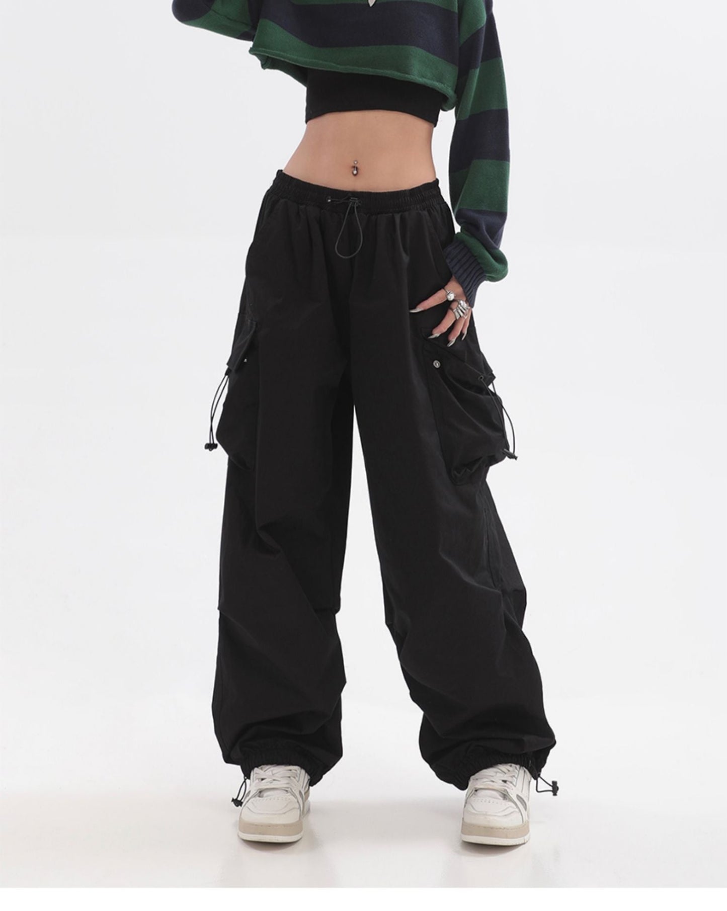 Neveah Solid Color Black Straight Leg High Waist Multi-Pocket Parachute Cargo Pants