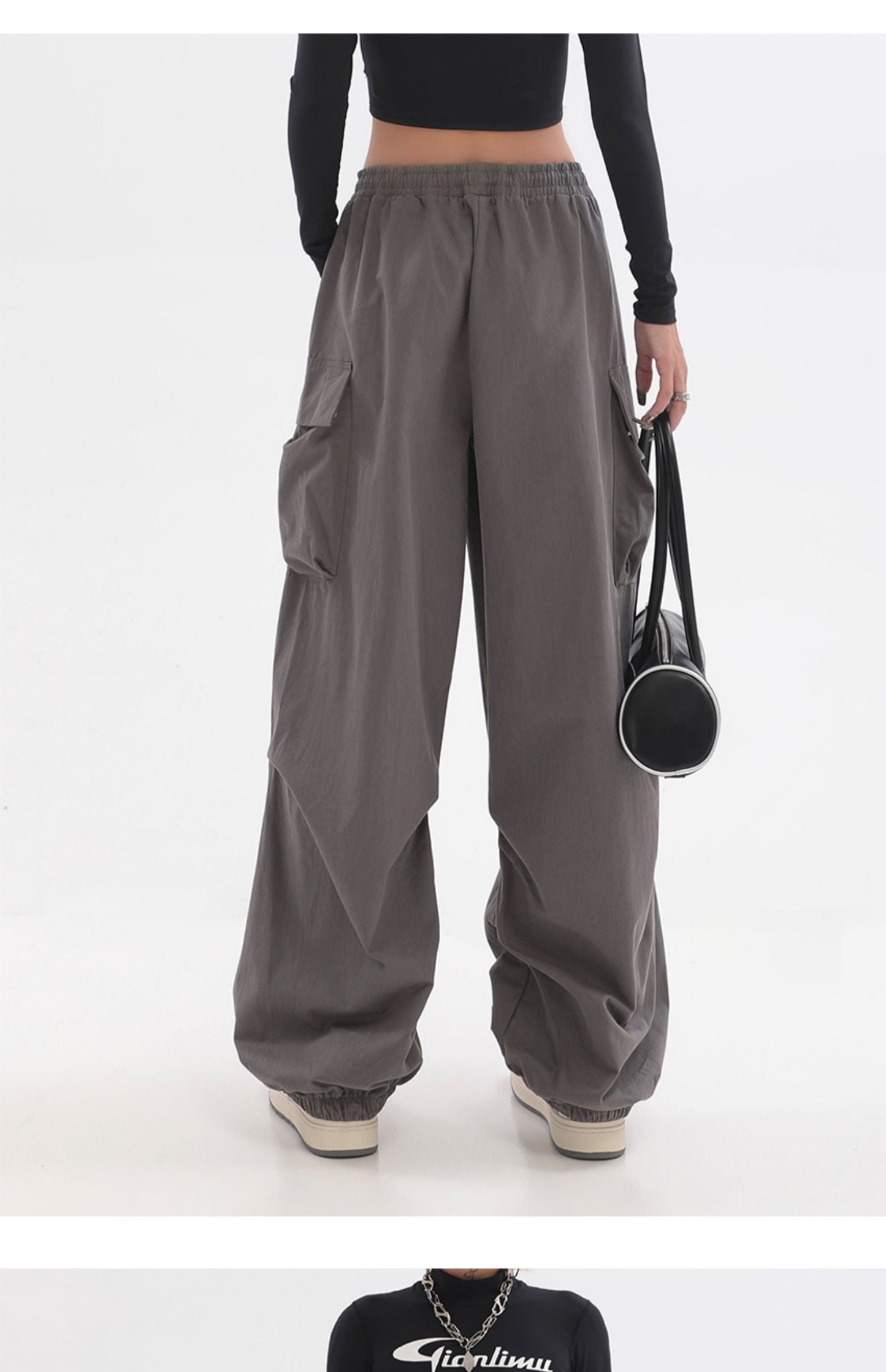 Sherlyn Solid Color Grey Straight Leg Multi-Pocket Cargo Parachute Pants