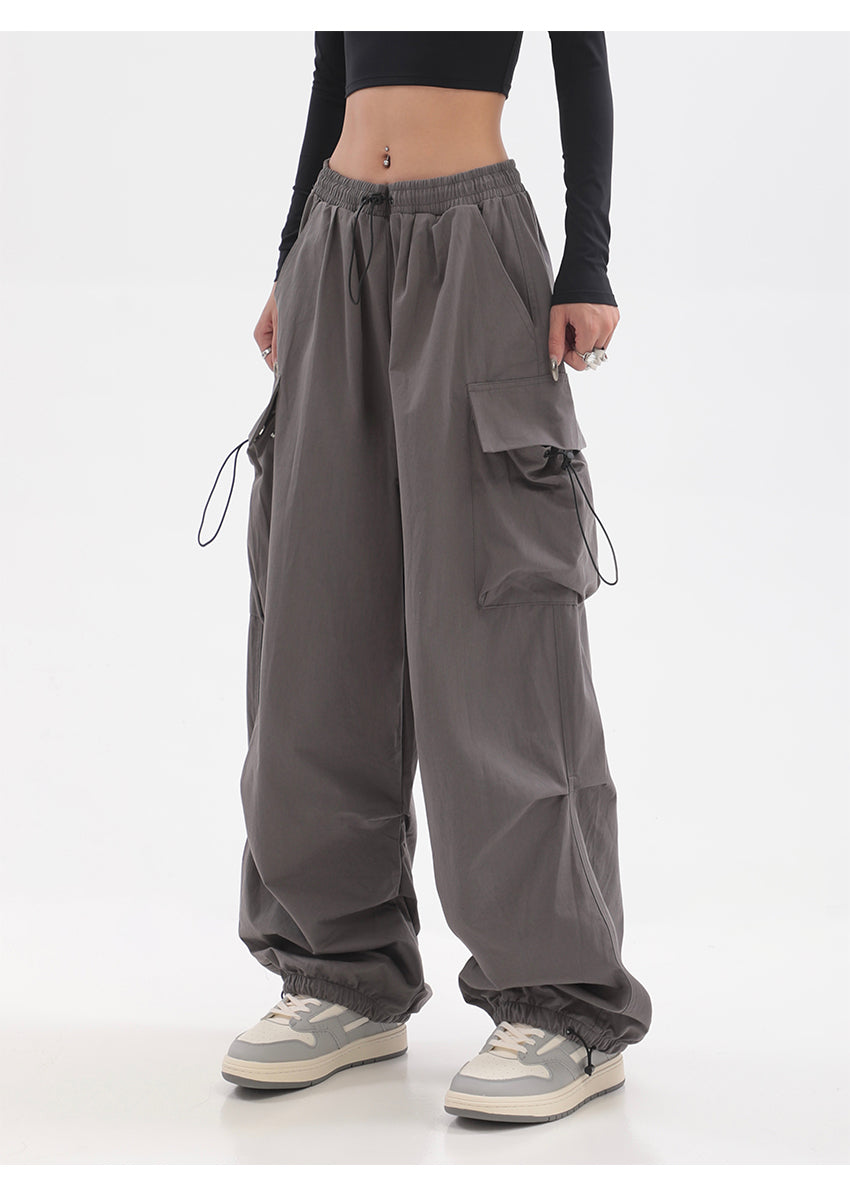 Sherlyn Solid Color Grey Straight Leg Multi-Pocket Cargo Parachute Pants