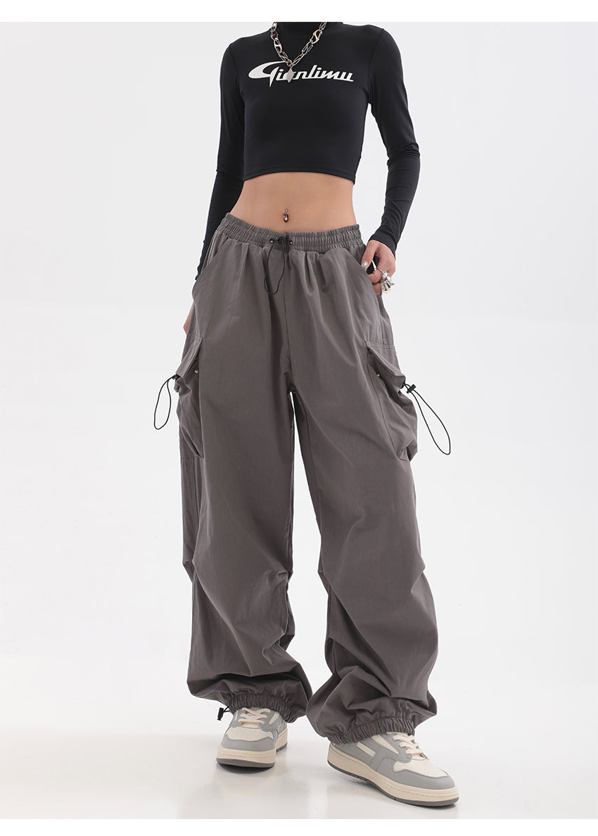 Sherlyn Solid Color Grey Straight Leg Multi-Pocket Cargo Parachute Pants