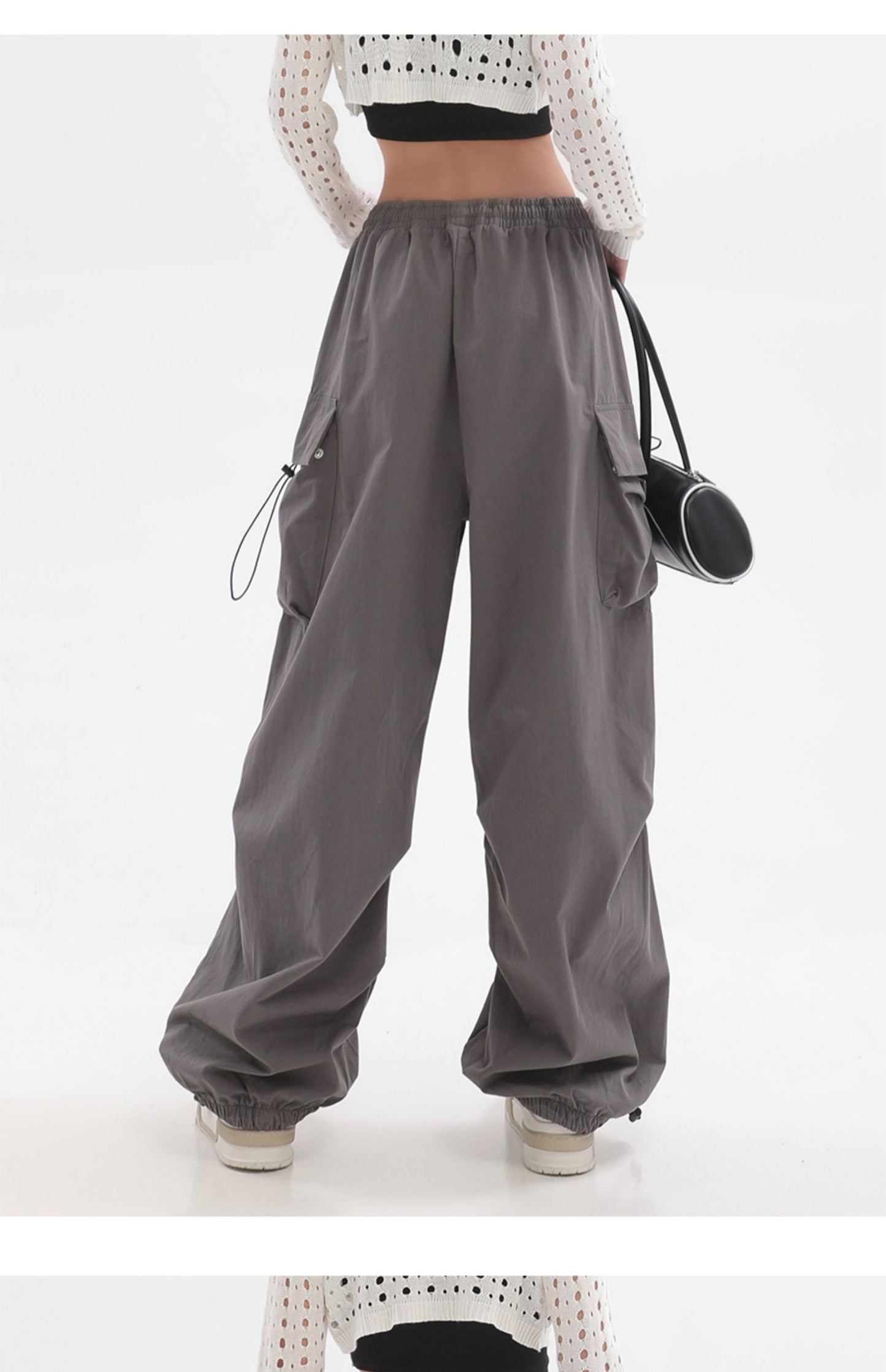 Sherlyn Solid Color Grey Straight Leg Multi-Pocket Cargo Parachute Pants