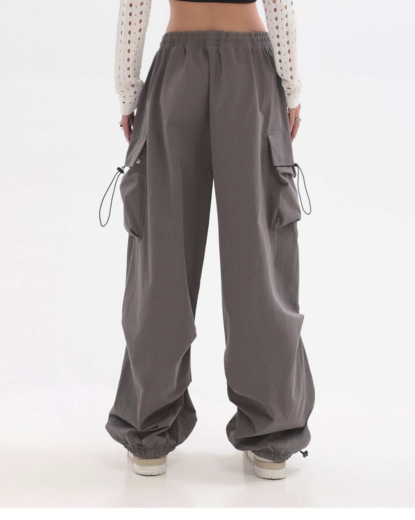 Sherlyn Solid Color Grey Straight Leg Multi-Pocket Cargo Parachute Pants