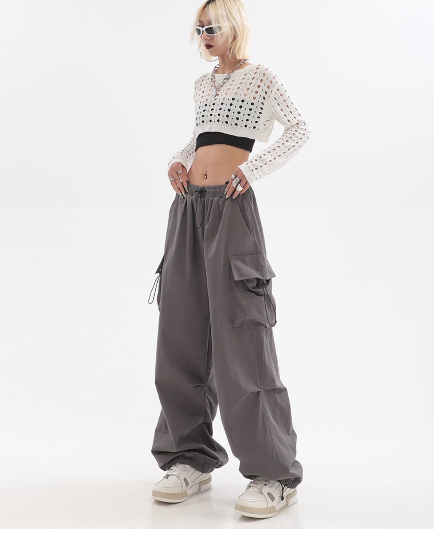 Sherlyn Solid Color Grey Straight Leg Multi-Pocket Cargo Parachute Pants