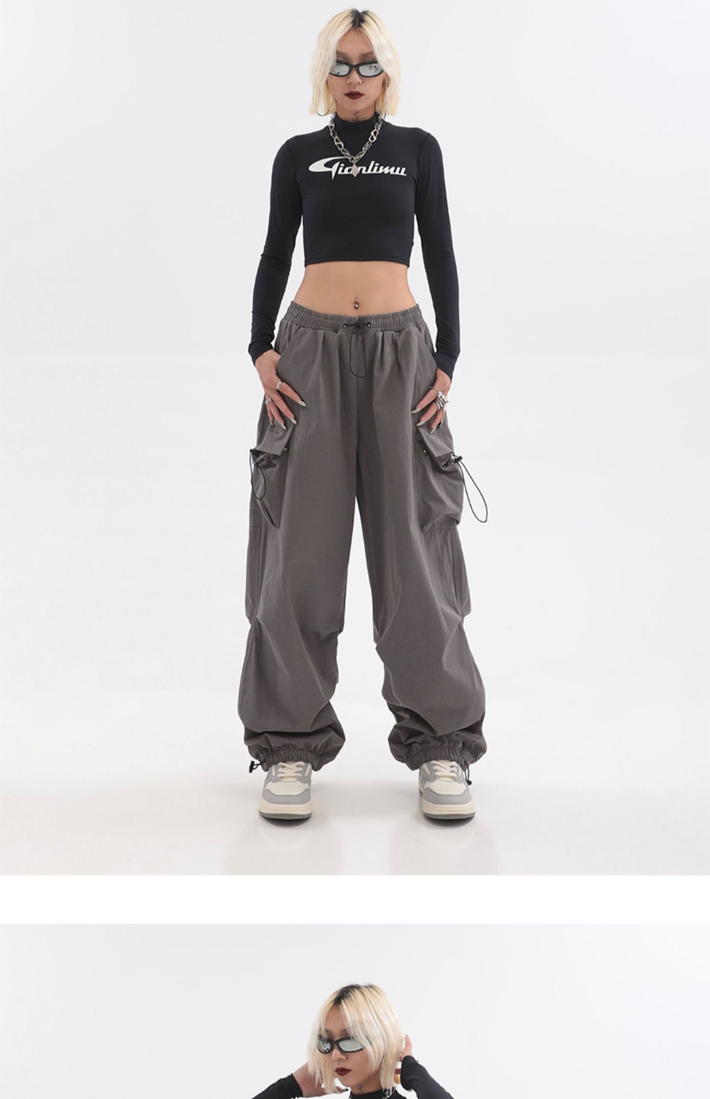 Sherlyn Solid Color Grey Straight Leg Multi-Pocket Cargo Parachute Pants