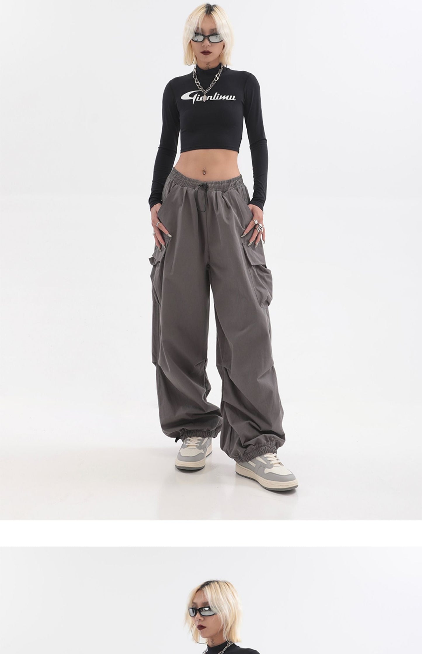 Sherlyn Solid Color Grey Straight Leg Multi-Pocket Cargo Parachute Pants