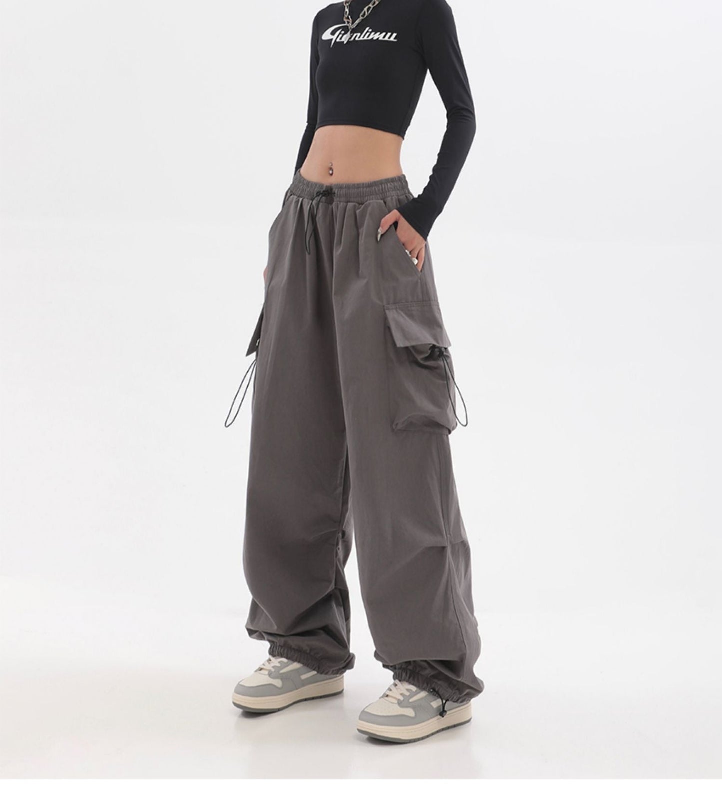 Sherlyn Solid Color Grey Straight Leg Multi-Pocket Cargo Parachute Pants