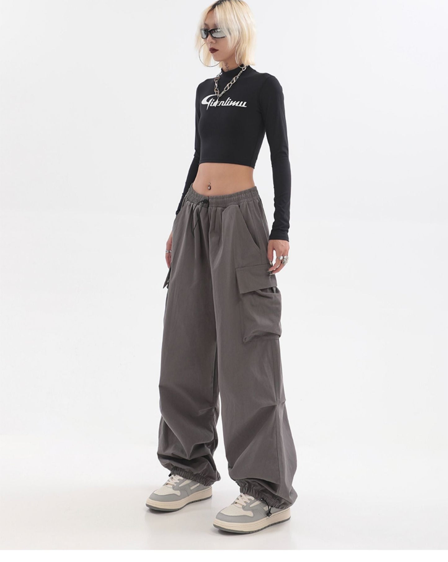 Sherlyn Solid Color Grey Straight Leg Multi-Pocket Cargo Parachute Pants