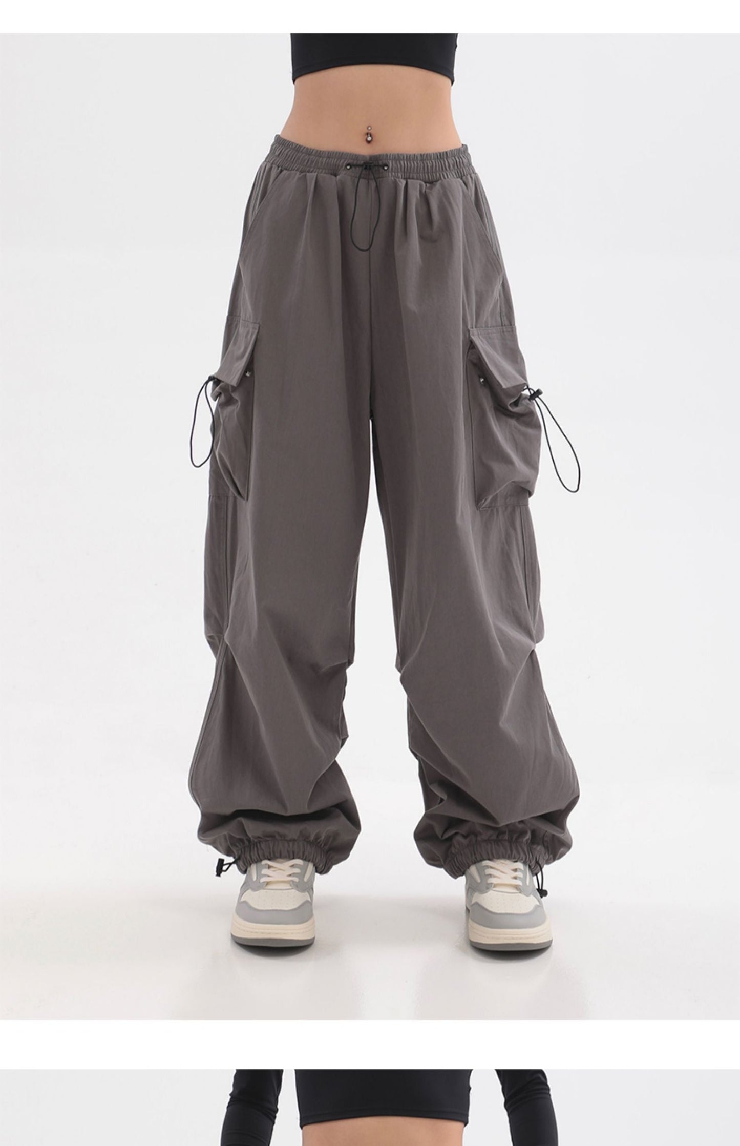 Sherlyn Solid Color Grey Straight Leg Multi-Pocket Cargo Parachute Pants