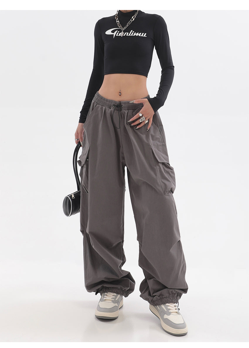 Sherlyn Solid Color Grey Straight Leg Multi-Pocket Cargo Parachute Pants