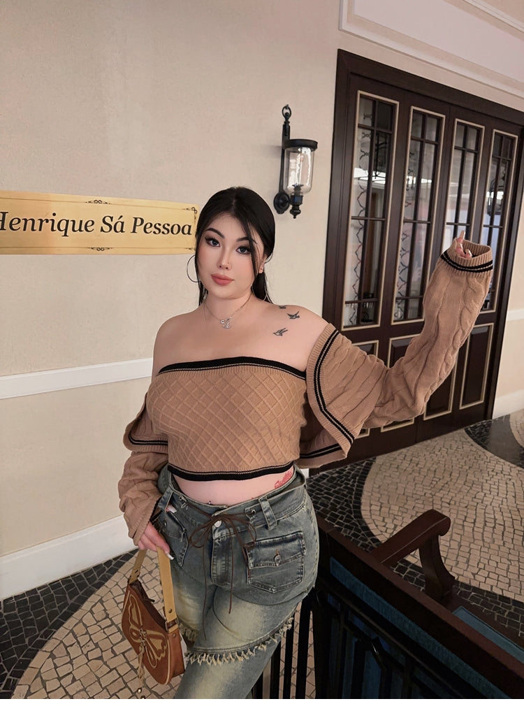 Jaslyn Kahki Knitted Two Piece Tube Top Cardigan Set