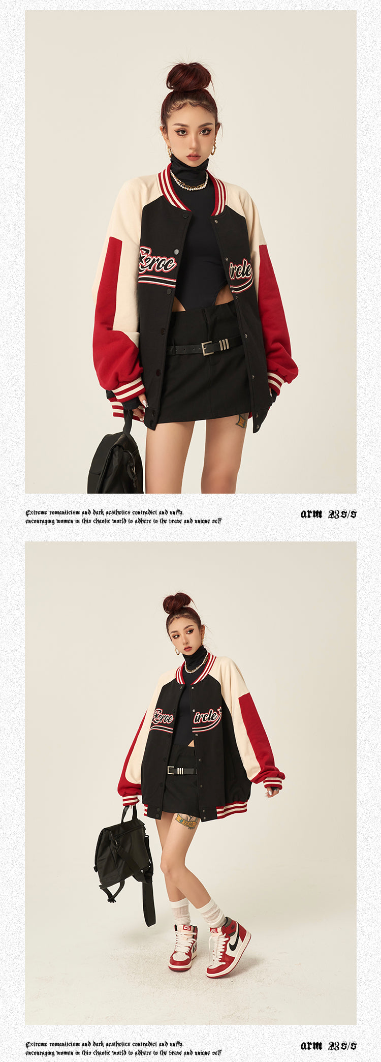 Zerocircle Letter Print Patchwork Long Sleeve Button Up Varsity Jacket