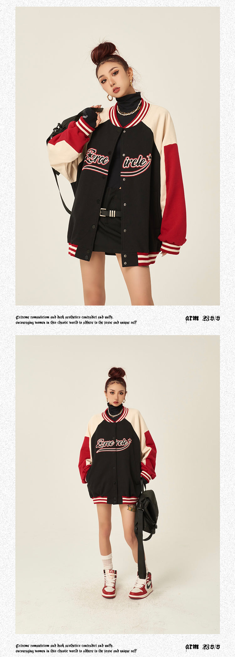 Zerocircle Letter Print Patchwork Long Sleeve Button Up Varsity Jacket