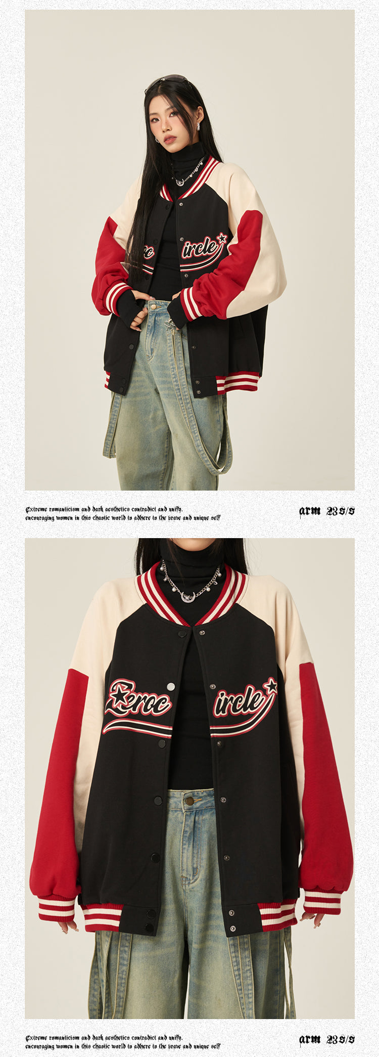 Zerocircle Letter Print Patchwork Long Sleeve Button Up Varsity Jacket