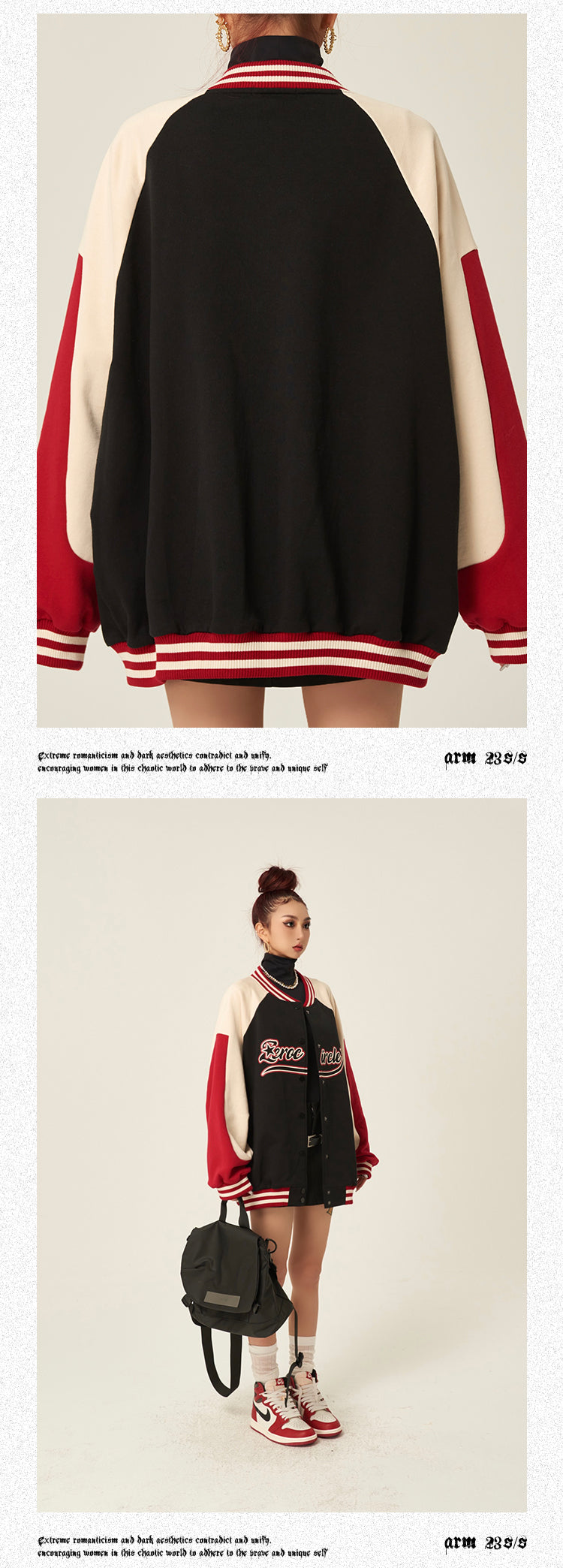 Zerocircle Letter Print Patchwork Long Sleeve Button Up Varsity Jacket