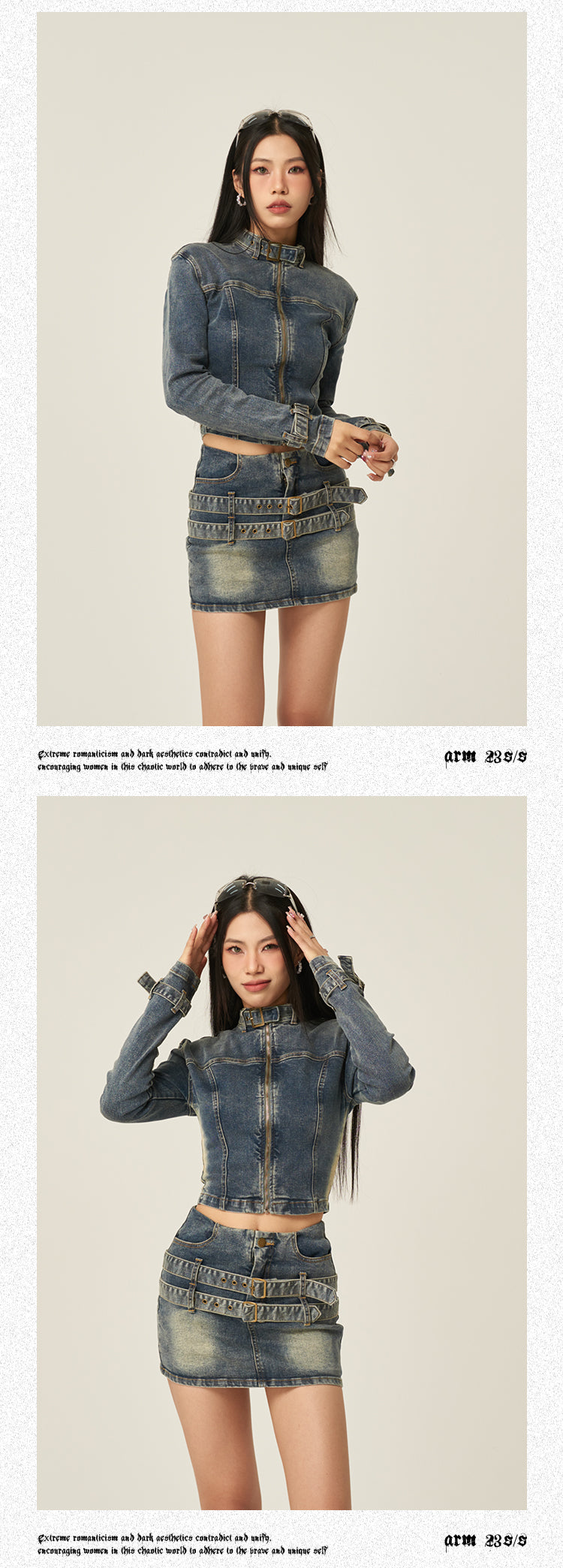 Fiona Denim Blue Washed Faded Long Sleeve Zip Up Jacket High Waist Belt Straps Jeans Mini Skirt Matching Set