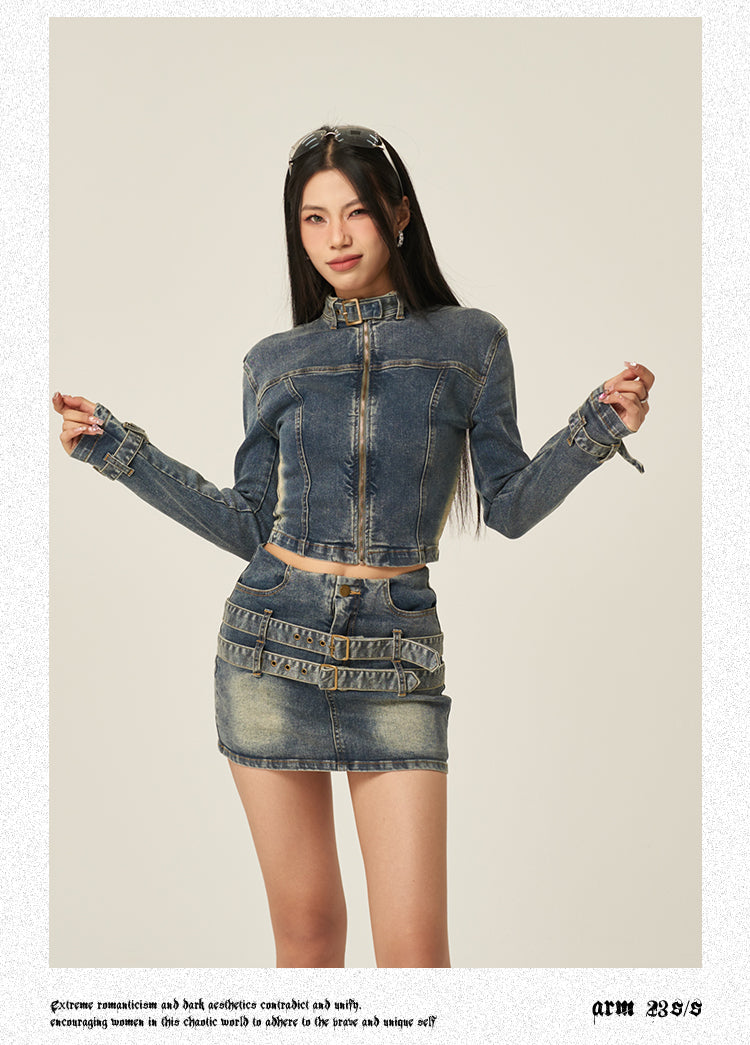 Fiona Denim Blue Washed Faded Long Sleeve Zip Up Jacket High Waist Belt Straps Jeans Mini Skirt Matching Set