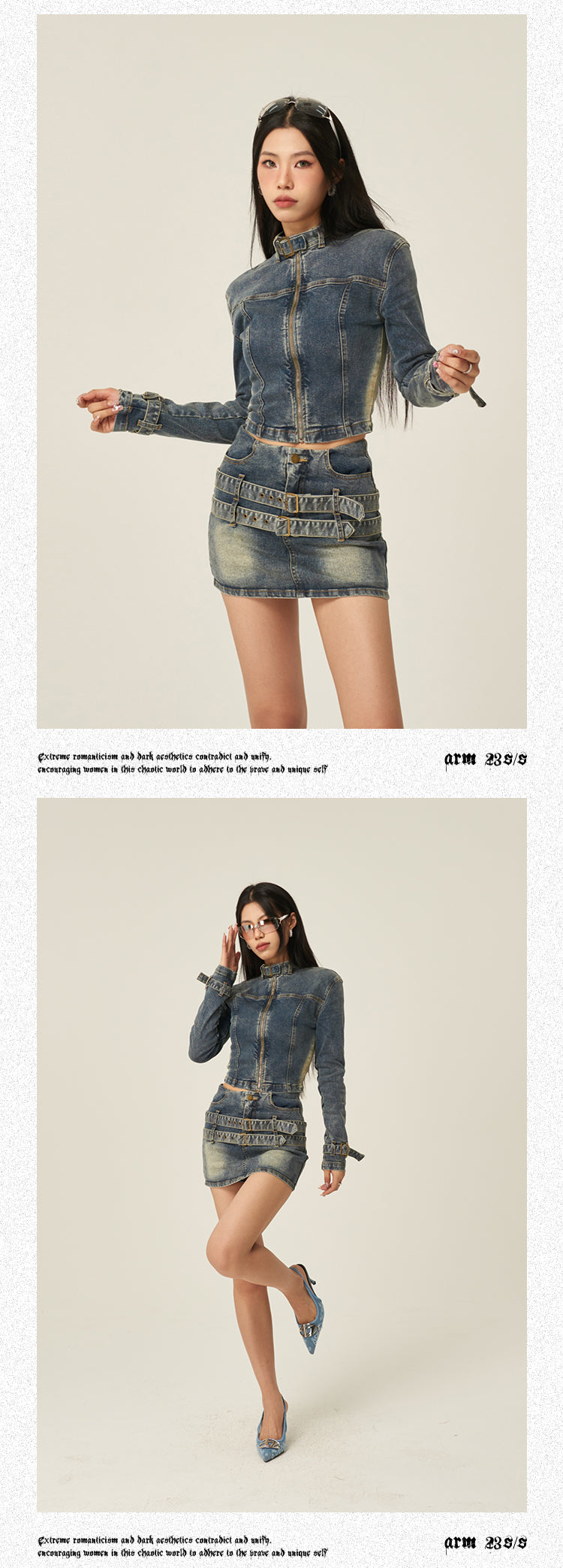 Fiona Denim Blue Washed Faded Long Sleeve Zip Up Jacket High Waist Belt Straps Jeans Mini Skirt Matching Set