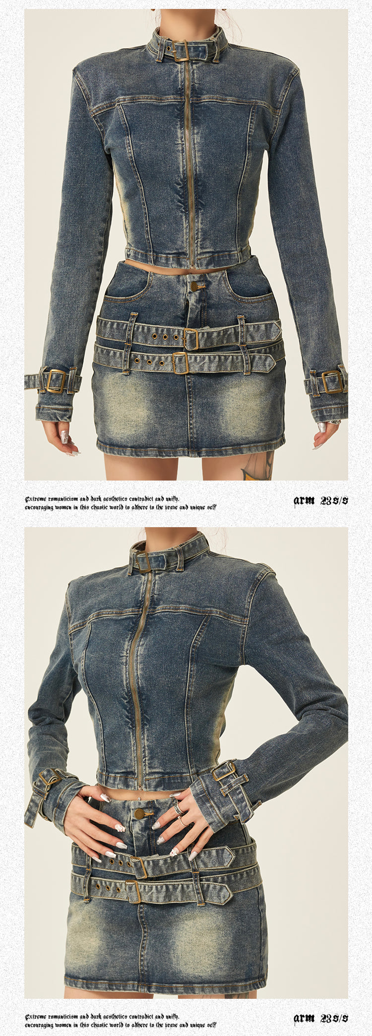 Fiona Denim Blue Washed Faded Long Sleeve Zip Up Jacket High Waist Belt Straps Jeans Mini Skirt Matching Set