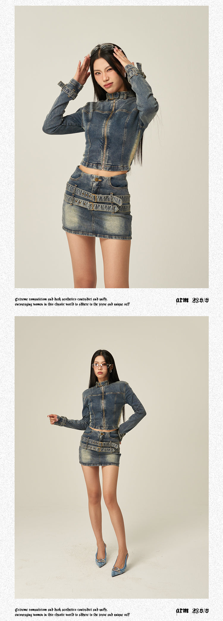 Fiona Denim Blue Washed Faded Long Sleeve Zip Up Jacket High Waist Belt Straps Jeans Mini Skirt Matching Set