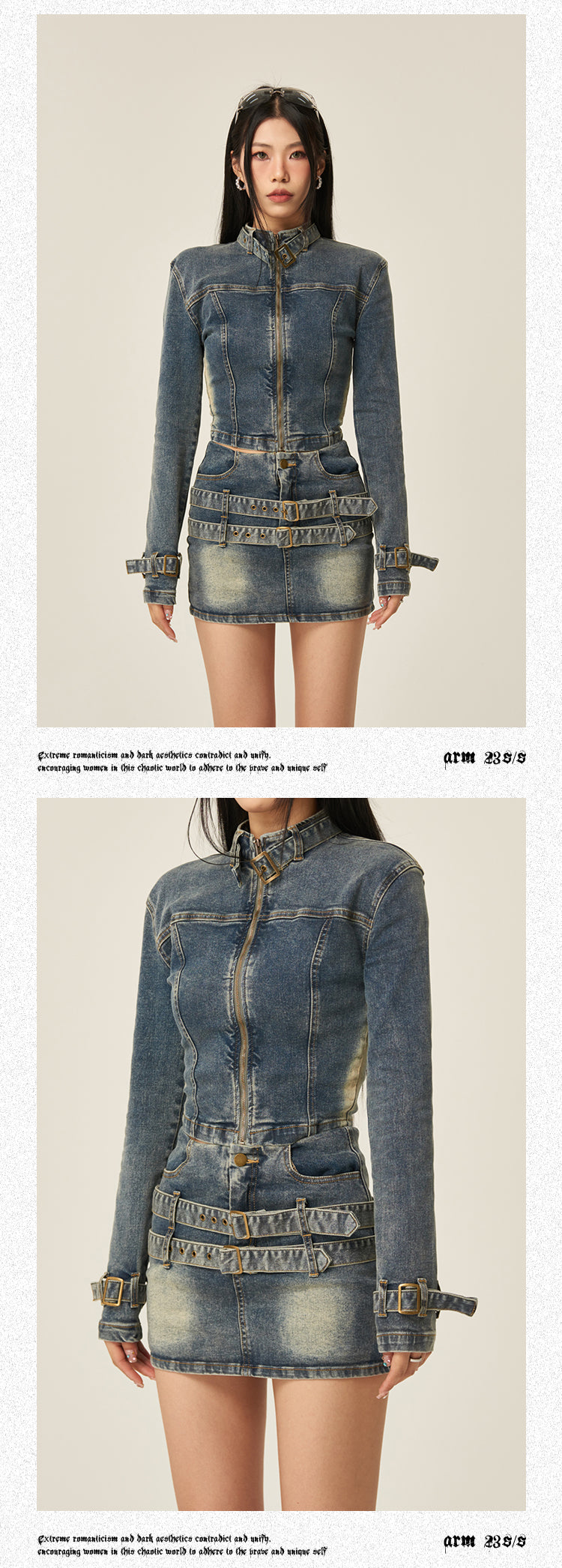 Fiona Denim Blue Washed Faded Long Sleeve Zip Up Jacket High Waist Belt Straps Jeans Mini Skirt Matching Set