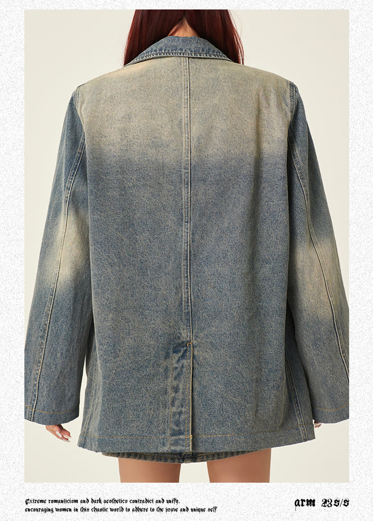 Beatrice Denim Blue Washed Faded Long Sleeve Button Up Blazer Denim Jacket