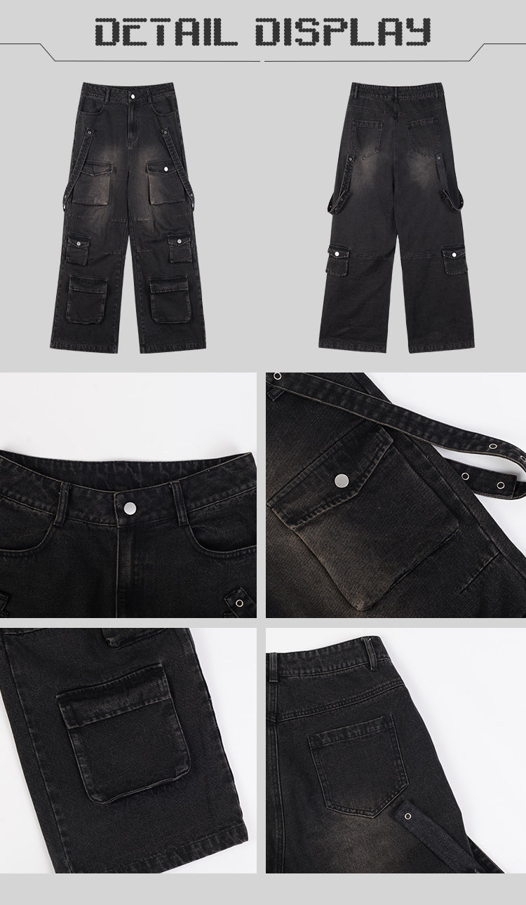 Jordan Denim Black Washed Faded High Waist Straight Leg Multi-Pocket Cargo Pants