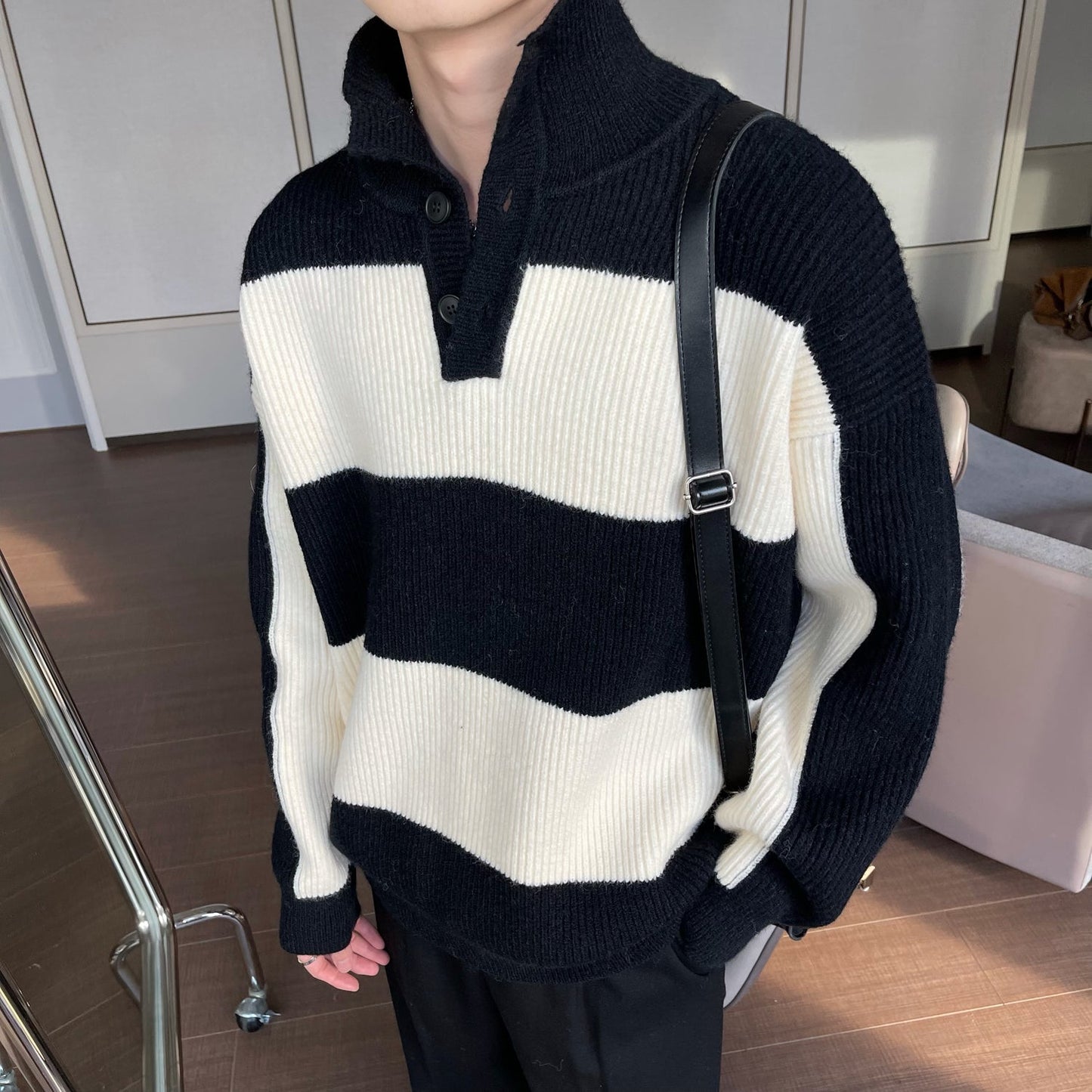 Sheldon Stripe Ribbed Button Up Long Sleeve Turtleneck Sweater