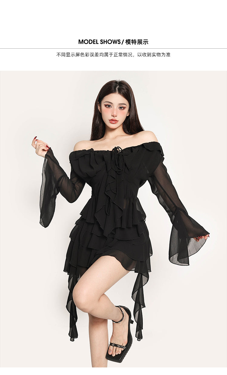 Mimiwu Solid Color Shiffon Bandeau Long Sleeve Cardigan Tassel Dress Set