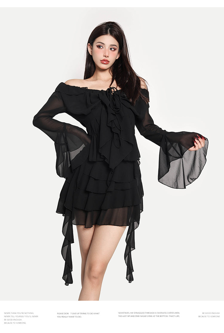 Mimiwu Solid Color Shiffon Bandeau Long Sleeve Cardigan Tassel Dress Set