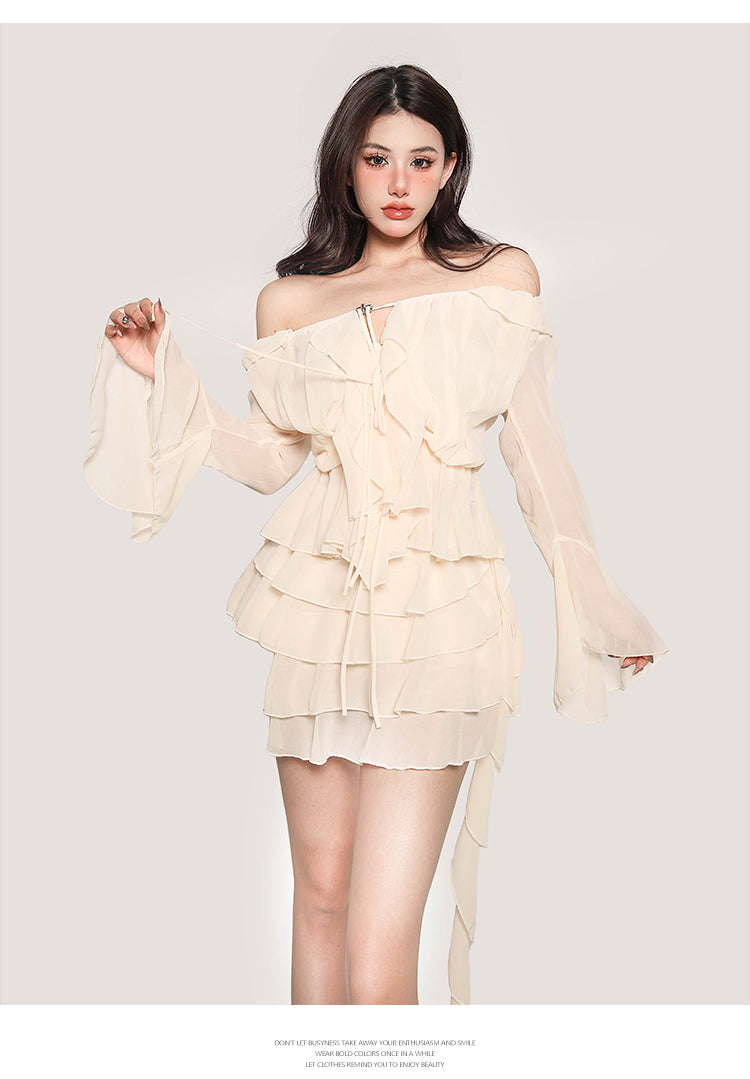 Mimiwu Solid Color Shiffon Bandeau Long Sleeve Cardigan Tassel Dress Set