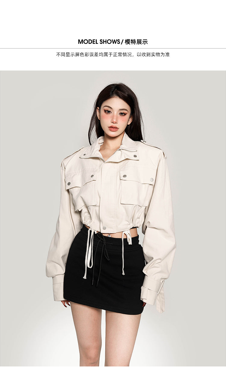 Seanna Solid Color Zip Up Multi-Pocket Long Sleeve Cropped Jacket