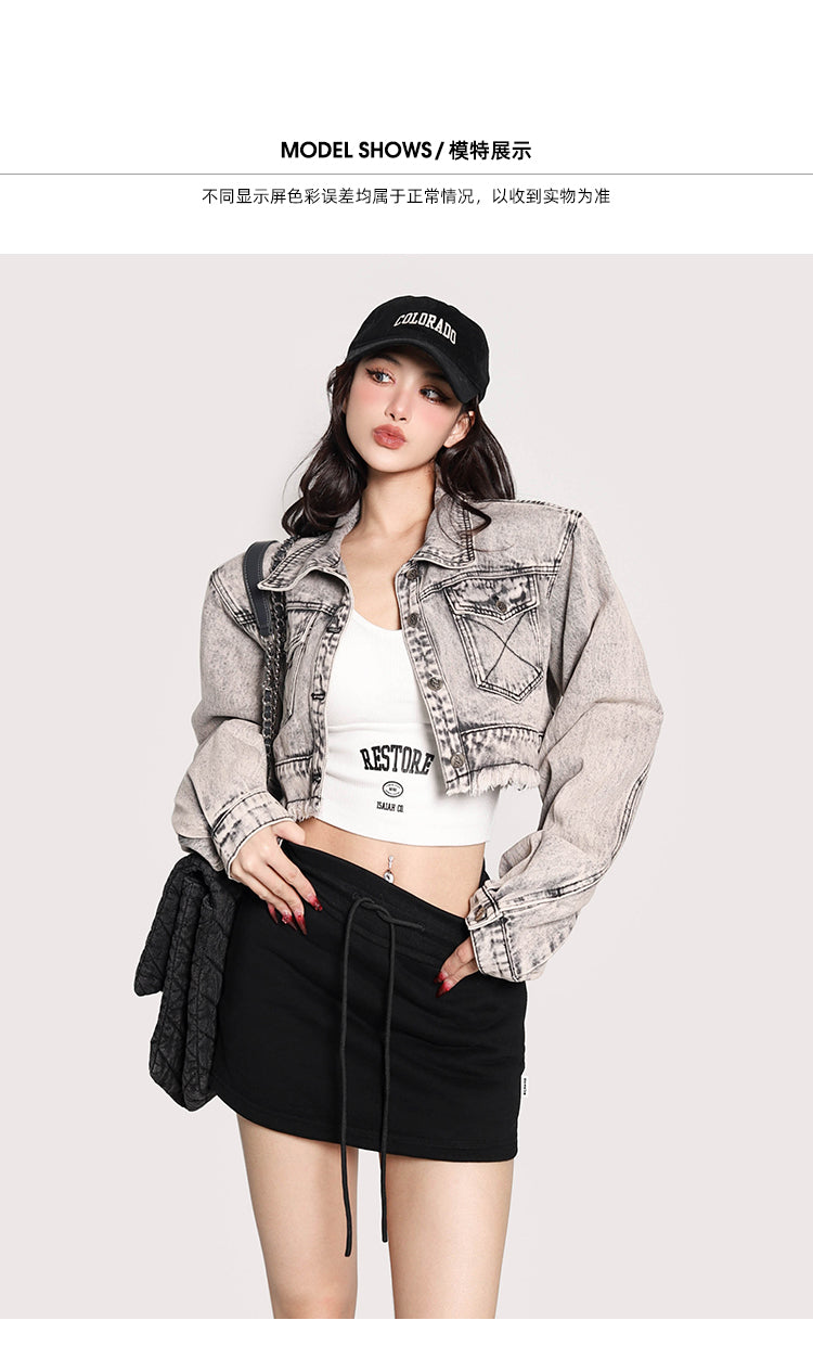 Trie Washed Bleach Denim Grey Multi Pocket Long Sleeve Cropped Jean Jacket