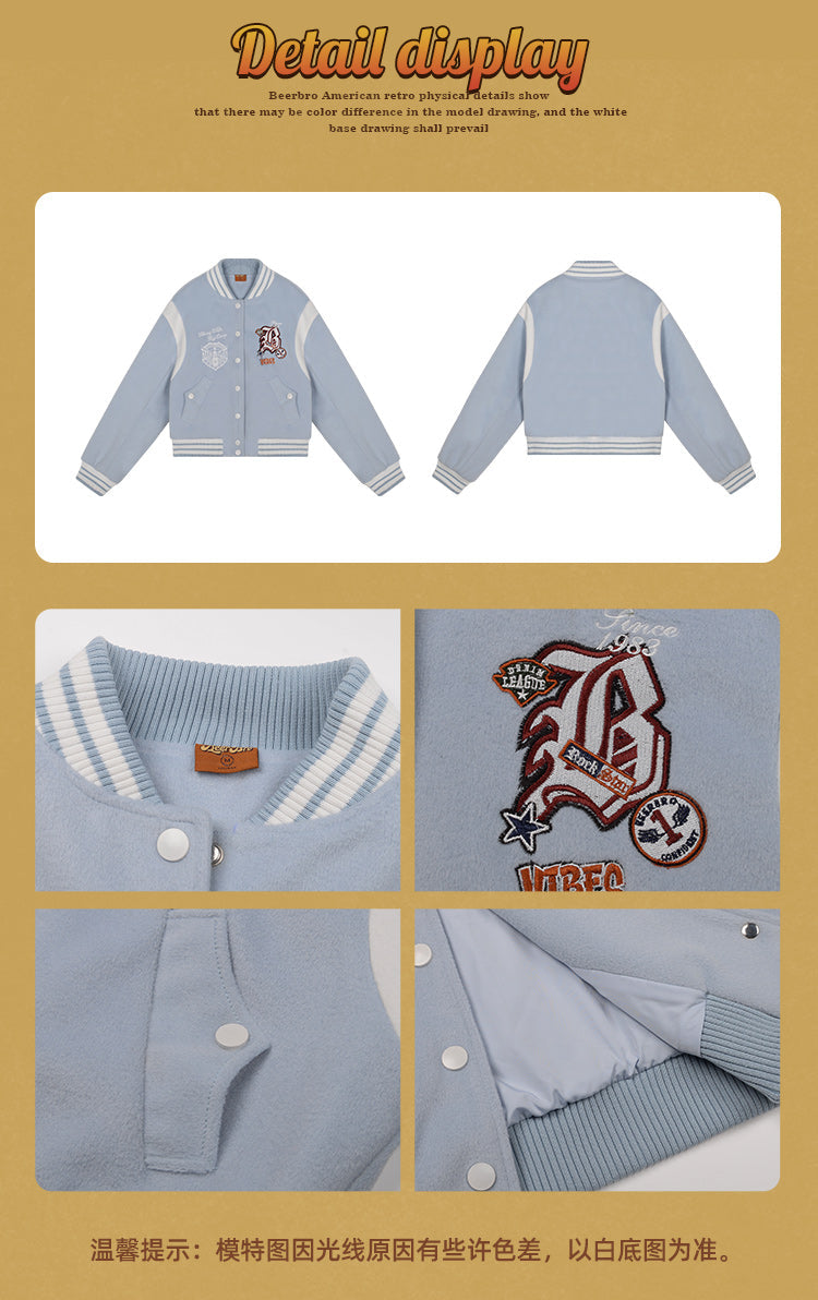 BeerBro American Academy Short Baseball Uniform Loose Vintage Embroidered Badge Varsity Jacket