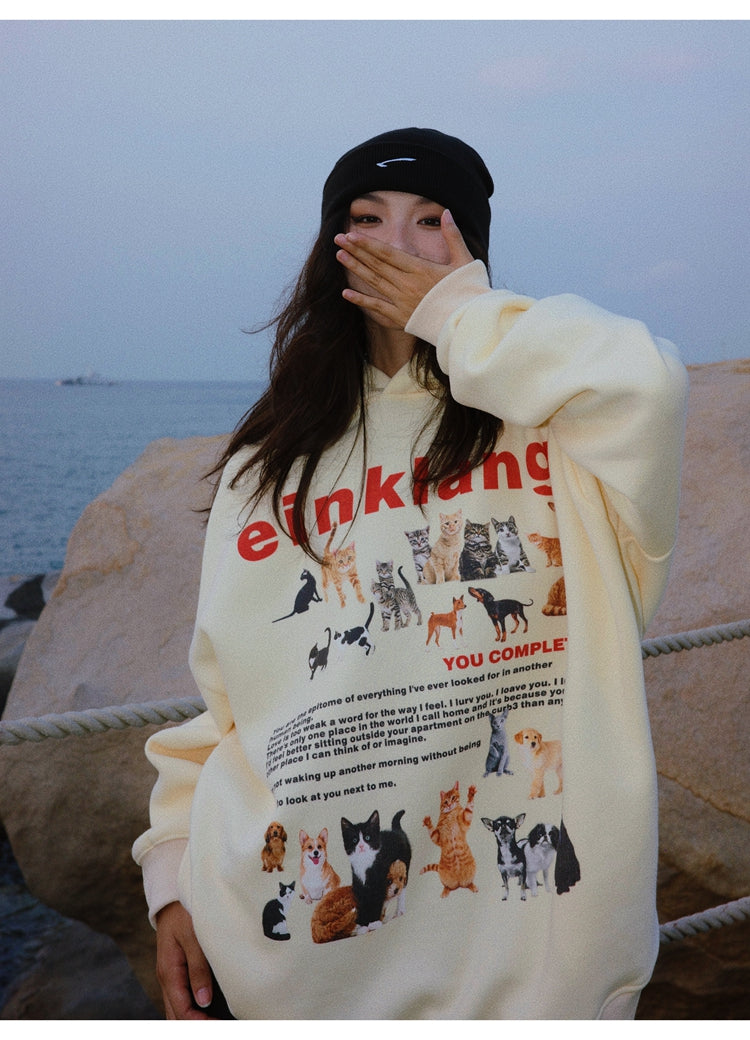 EINKLANG Vintage Cat Dog Plush Oversized Long Sleeve Hoodie