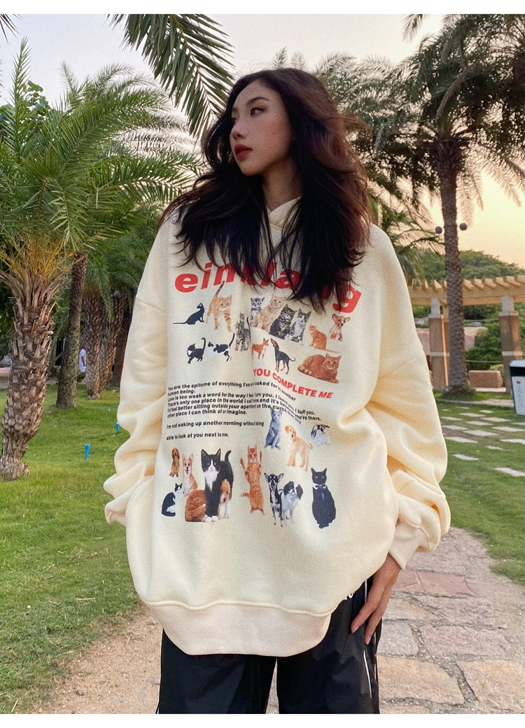 EINKLANG Vintage Cat Dog Plush Oversized Long Sleeve Hoodie