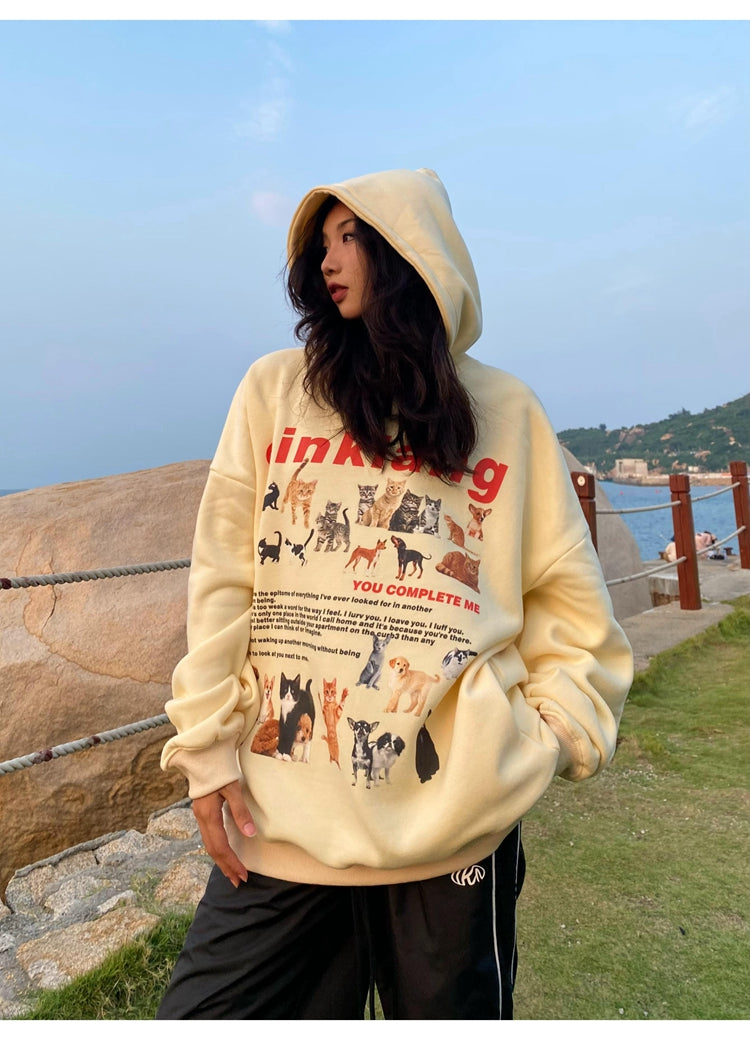 EINKLANG Vintage Cat Dog Plush Oversized Long Sleeve Hoodie