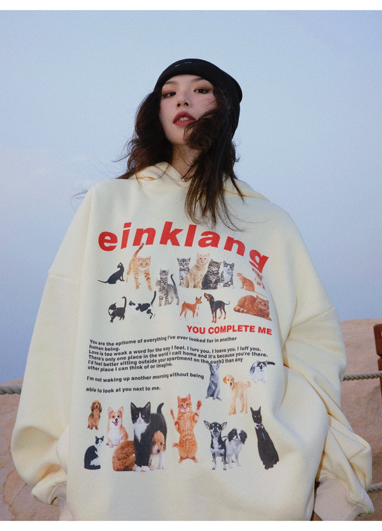 EINKLANG Vintage Cat Dog Plush Oversized Long Sleeve Hoodie