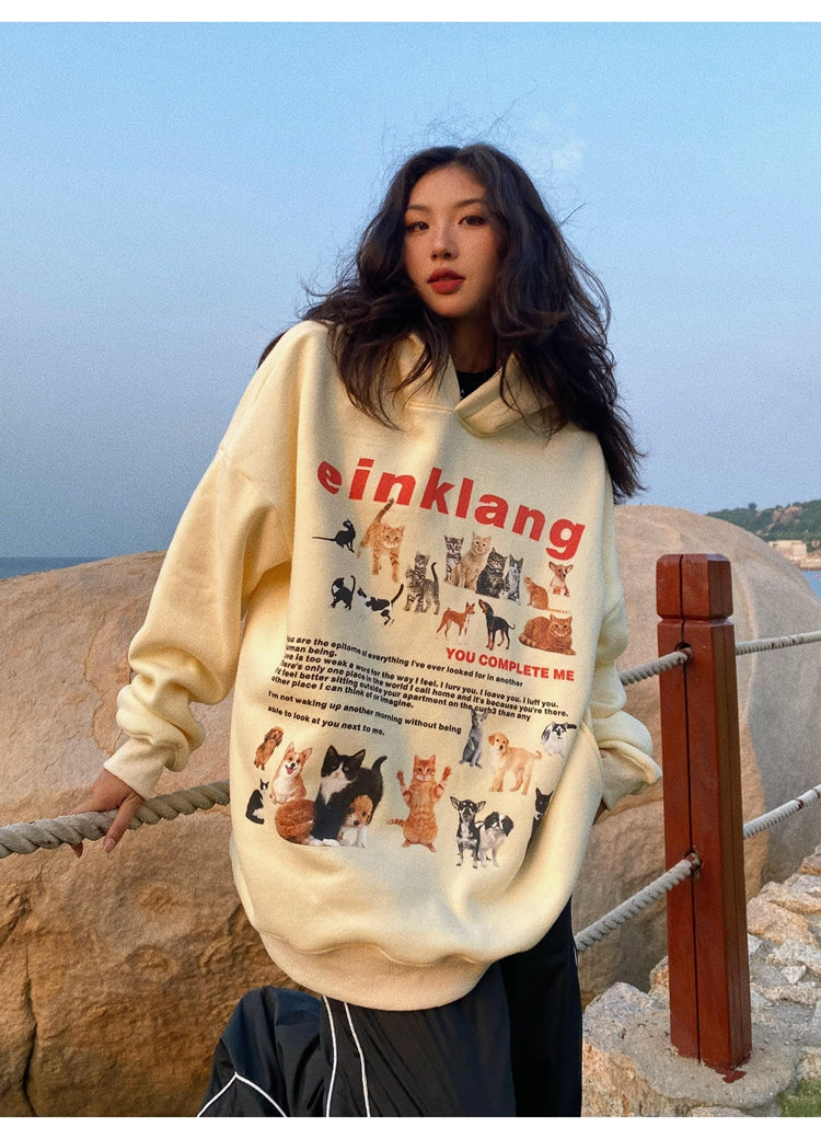 EINKLANG Vintage Cat Dog Plush Oversized Long Sleeve Hoodie