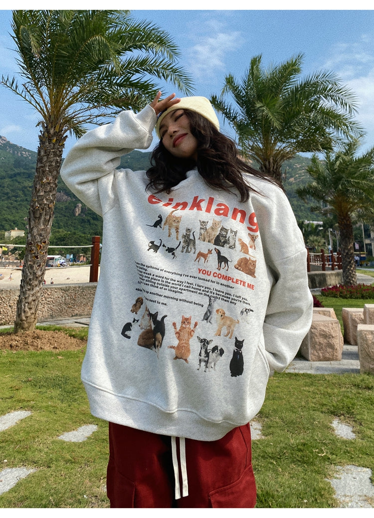 EINKLANG Vintage Cat Dog Plush Oversized Long Sleeve Hoodie