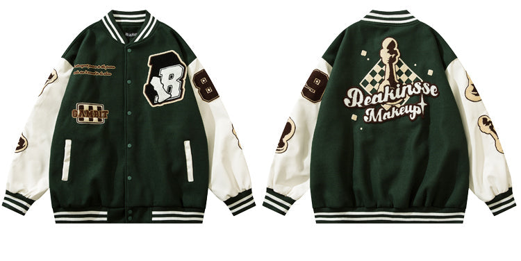 Reakinsse Vintage Embroidered Long Sleeve Button Up Varsity Jacket