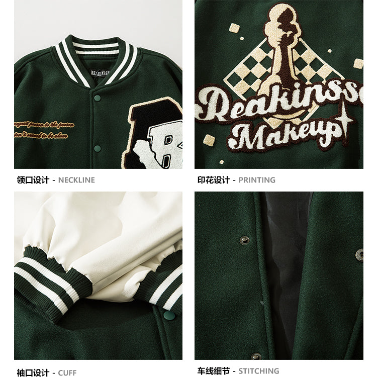 Reakinsse Vintage Embroidered Long Sleeve Button Up Varsity Jacket