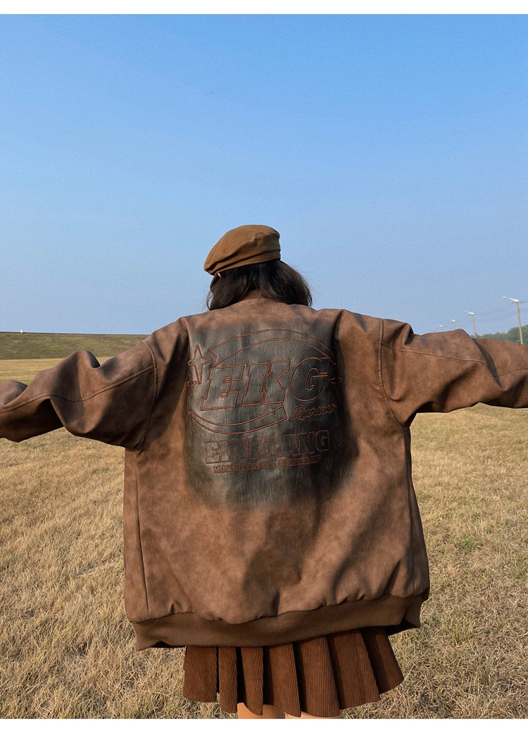 Choey Vintage Washed Old Design Leather Long Sleeve Zip Up Bomber Jacket