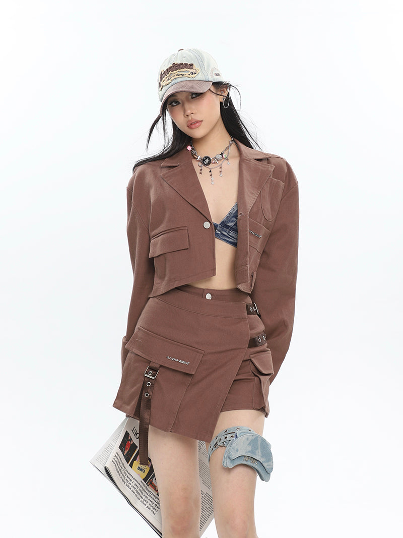 Yielle Solid Color Brown Design Multi-Pocket Slim Cargo Mini Skirt Cropped Jacket Matching Set