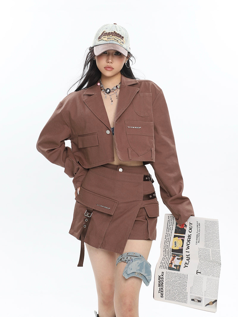 Yielle Solid Color Brown Design Multi-Pocket Slim Cargo Mini Skirt Cropped Jacket Matching Set